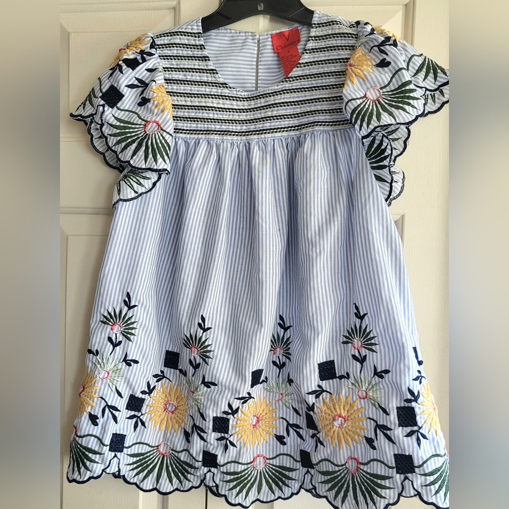 V Cristina Blue & White Striped Top w/Embroidered Floral Accents